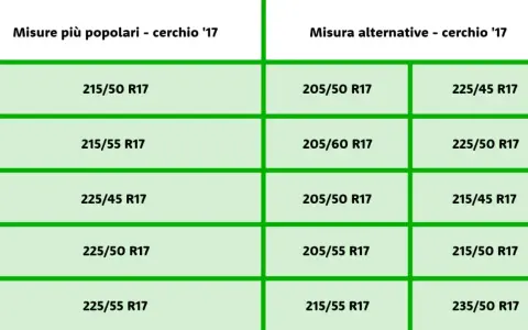 Tabella con misure gomme auto popolari e alternative per cerchi da 17 pollici. Il diametro gomme auto varia.