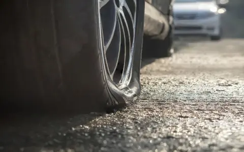 Un chiodo nella gomma ha causato una foratura. Il pneumatico è sgonfio e appoggiato sull'asfalto bagnato.