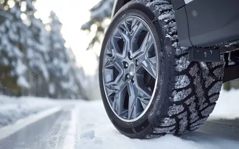 Pneumatici invernali per auto elettriche su strada innevata, con cerchio in lega e battistrada coperto di neve.