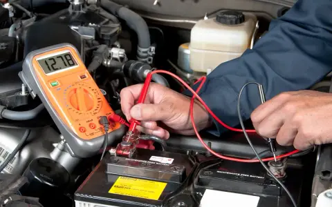 Controllo del voltaggio della batteria auto con multimetro. Il display segna 12.78V.