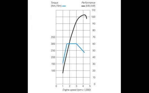 Grafico mostra la coppia (Nm) e la potenza (kW) in funzione della velocità del motore (rpm). L'unità di misura della coppia è Newton-metro.
