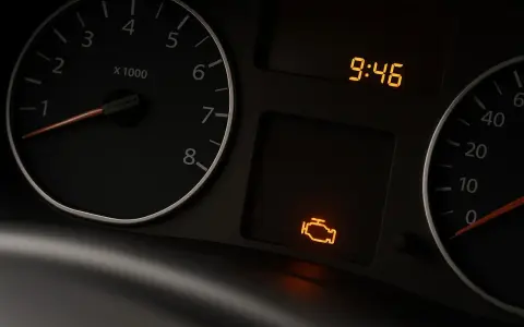 Cruscotto auto con spia centralina accesa, indicando un problema al motore. L'ora è 9:46.