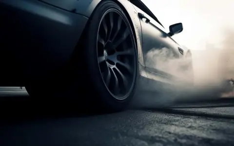 Auto in derapata, fumo denso dagli pneumatici che stridono sull'asfalto. La rumorosità pneumatici è assordante.
