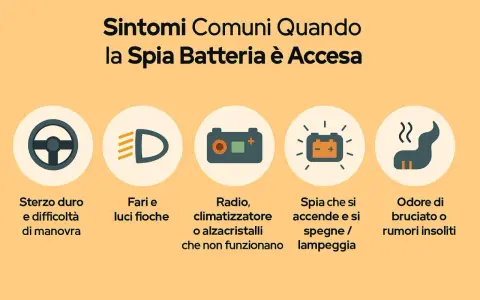Sintomi comuni con spia batteria accesa: sterzo duro, luci fioche, radio/clima non funzionanti, spia che lampeggia, odore di bruciato.