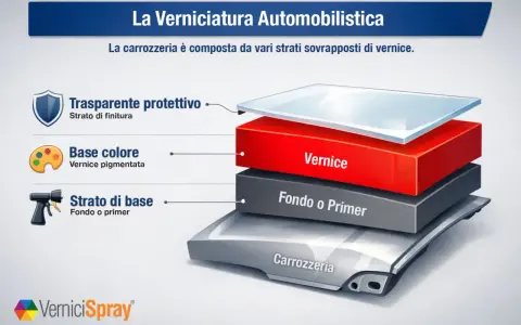 Strati di verniciatura auto: primer, colore e trasparente protettivo. La domanda "dopo quanto tempo si applica il trasparente sulla vernice" è centrale per una finitura perfetta.