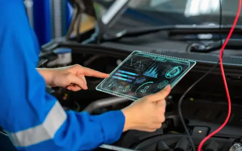 Meccanico con tablet futuristico analizza dati per il cambio centralina auto.