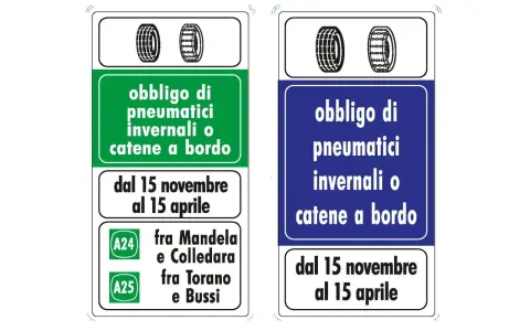 Segnali stradali: obbligo pneumatici invernali o catene a bordo dal 15/11 al 15/04. Utile per capire l'etichetta pneumatici come leggerla.