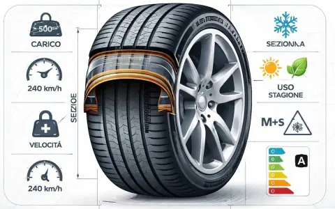 Dettagli tecnici di un pneumatico: carico, velocità, sezione, larghezza, diametro, stagionalità (M+S), e classe energetica.