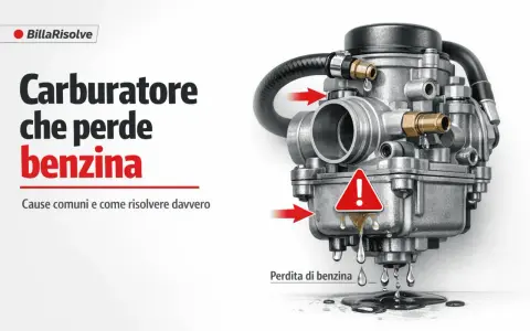 Carburatore che perde benzina, un problema comune che incide su quanto costa rifare un motore benzina. Le frecce indicano le perdite.