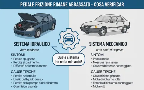 Illustrazione che confronta sistemi frizione idraulici e meccanici, con un pedale frizione abbassato come sintomo.