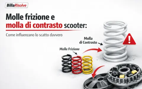 Molle frizione e molla di contrasto scooter: come influenzano lo scatto. La molla di contrasto, più grande, è cruciale per il rapporto più basso del cambio di velocità.
