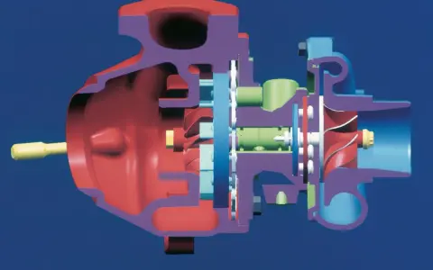 Sezione di un motore turbo, con turbina e compressore colorati in modo vivace.