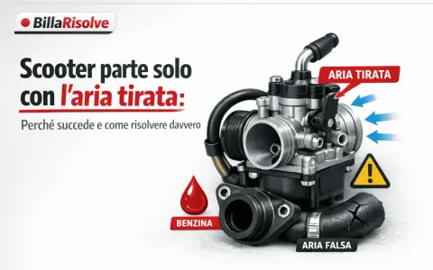 Carburatore di un motore termico benzina, con indicazioni su aria tirata, benzina e aria falsa.