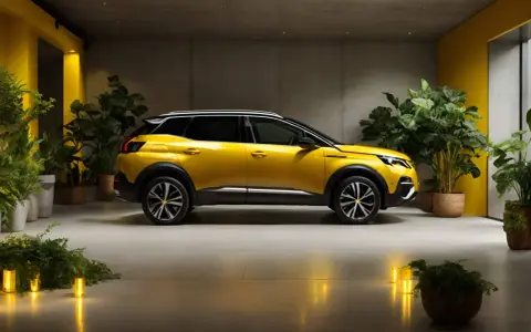 Peugeot 3008 giallo brillante, un'auto che cattura l'attenzione. Il suo codice colore evoca energia e stile, circondata da piante verdi in un ambiente moderno.