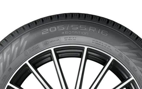 Pneumatico auto con indicazione della dimensione 205/55 R16, montato su un cerchio sportivo.