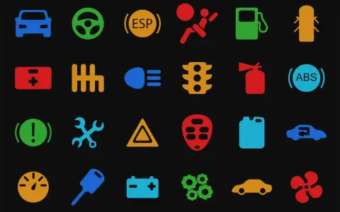 Icone colorate su sfondo nero: cruscotto auto, cambio, spie motore benzina, ABS, batteria, ruote, ecc.
