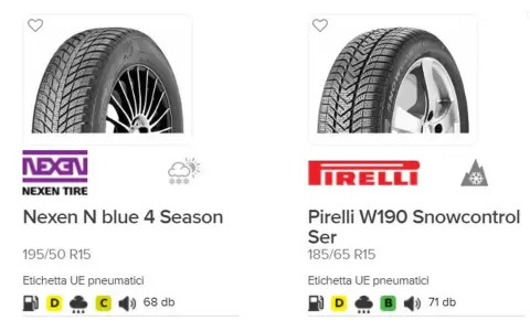 Pneumatici Nexen N blue 4 Season e Pirelli W190 Snowcontrol, con etichette UE che indicano consumi, aderenza sul bagnato e rumorosità, utili per valutare l'usura gomme auto.