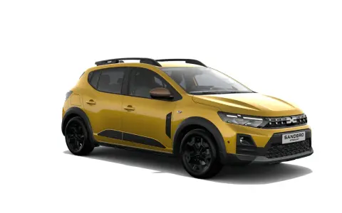 Dacia Sandero Stepway gialla, con barre sul tetto e cerchi neri. Ideale per chi cerca il giusto valore per la pressione gomme Dacia Sandero Stepway.