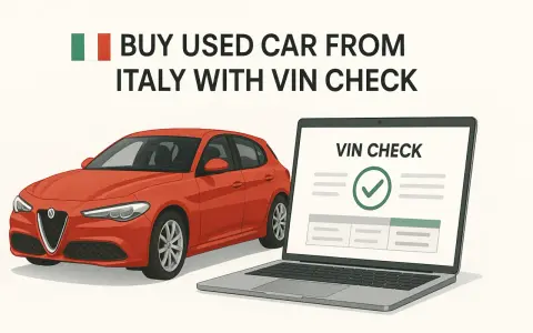 Auto rossa italiana accanto a un laptop che mostra un controllo VIN positivo.