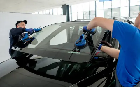 Tecnici installano un parabrezza, usando ventose. Il tempo asciugatura colla parabrezza è cruciale per la sicurezza.