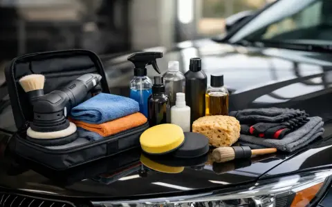 Kit per la carteggiatura auto: lucidatrice, tamponi, spazzole, panni in microfibra e flaconi di prodotti per la cura dell'auto.