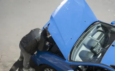 Uomo con giacca in pelle controlla la **macchina ferma** con il cofano aperto, forse un problema alla **batteria**.