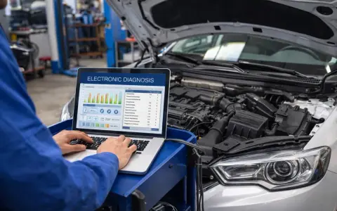 Meccanico esegue diagnosi centralina auto con laptop. Il computer mostra grafici e dati tecnici.