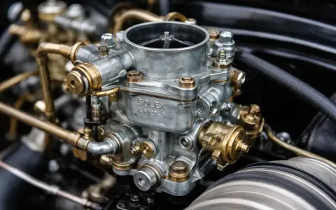 Dettaglio di un carburatore Solex per auto d'epoca, con tubi in ottone e finiture metalliche lucide.