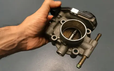 Mano che tiene una valvola a farfalla motore benzina, componente essenziale per il controllo del flusso d'aria.