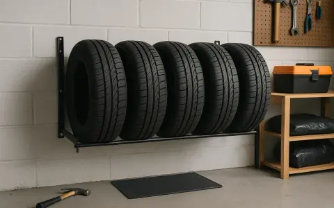 Cinque pneumatici da auto sono disposti su un supporto a muro. Sullo scaffale a destra, una cassetta degli attrezzi arancione e nera e due sacchi neri.