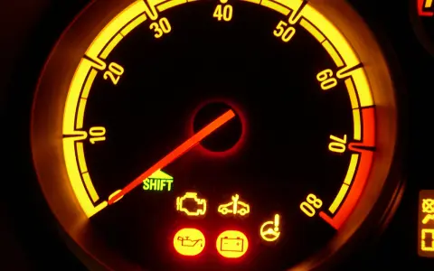 Cruscotto Opel Corsa con spie accese: olio, batteria, motore e sterzo. L'ago del contagiri è fermo.