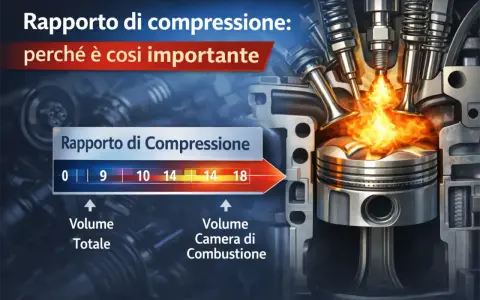 Il rapporto di compressione motore diesel è fondamentale. L'immagine mostra un pistone in fase di combustione, con fiamme vive, e un grafico che illustra i volumi e i rapporti.