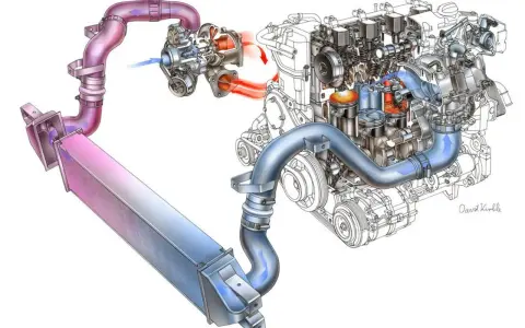 Schema di un motore con turbocompressore e intercooler. Il flusso d'aria, evidenziato da frecce, mostra il funzionamento dei **motori sovralimentati**.