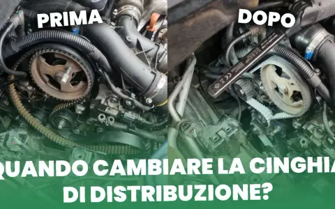 Motore auto con cinghia di distribuzione prima e dopo la sostituzione. La cinghia di distribuzione è fondamentale per il corretto funzionamento del motore.