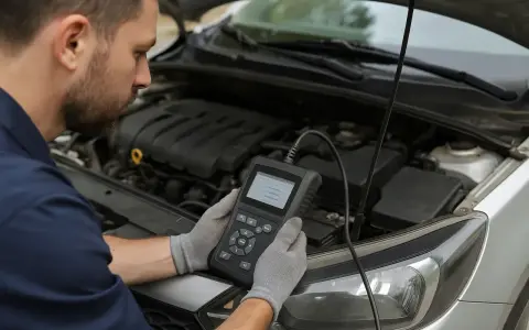 Meccanico con guanti grigi controlla con uno scanner diagnostico perché la centralina auto non parte.