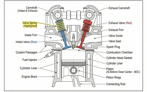 Sezione trasversale di un motore auto, che illustra i componenti chiave come pistone, valvole, candela e iniezione carburante.