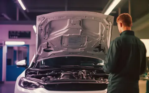 Meccanico esamina il motore turbo aspirato di un'auto con il cofano aperto in officina.