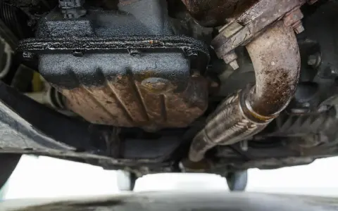 Sotto un'auto, si nota una **perdita olio motore dalla testata**, con accumuli scuri e gocciolamenti visibili sui componenti meccanici e sul tubo di scarico.