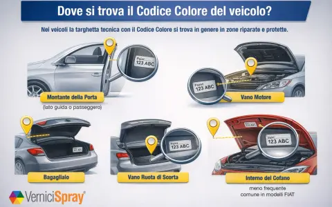 Trova il codice colore Toyota: montante porta, vano motore, bagagliaio, ruota di scorta o interno cofano.