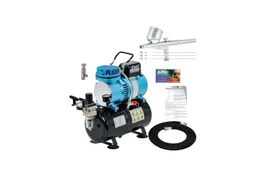 Blue and black airbrush compressor with airbrush gun, hose, and instructions.