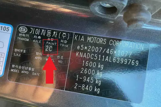 Etichetta veicolo con codice colore Renault "2C" evidenziato.