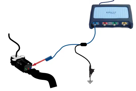 Collegamento di un sensore MAP con un oscilloscopio PicoScope per diagnosticare un segnale minimo irregolare.