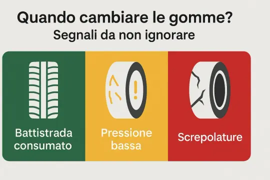 Quando cambiare le gomme? Segnali da non ignorare: battistrada consumato, pressione bassa e screpolature.