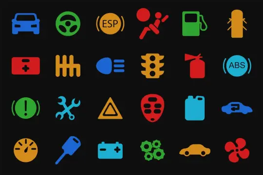 Icone colorate su sfondo nero: cruscotto auto, cambio, spie motore benzina, ABS, batteria, ruote, ecc.