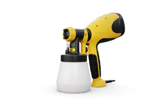 Pistola a spruzzo gialla e nera con serbatoio bianco. La tecnologia HVLP significa alta efficienza, basso volume, per una verniciatura precisa.