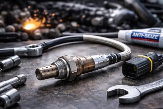 Sensore lambda aria, con chiave e pasta anti-grippaggio, pronto per il montaggio.