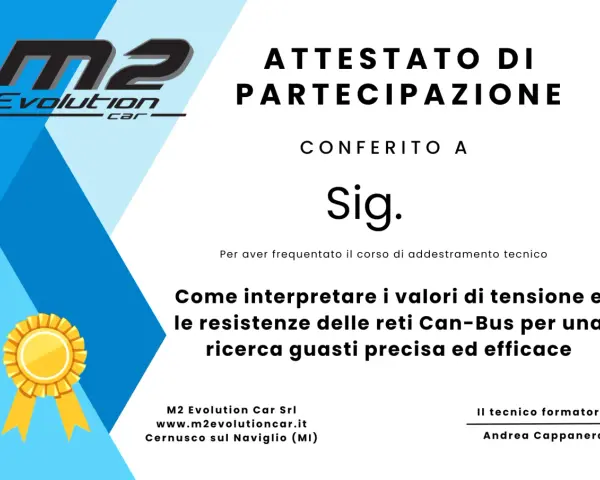 Attestato di partecipazione per corso tecnico su come interpretare i valori della linea can bus per ricerca guasti auto.