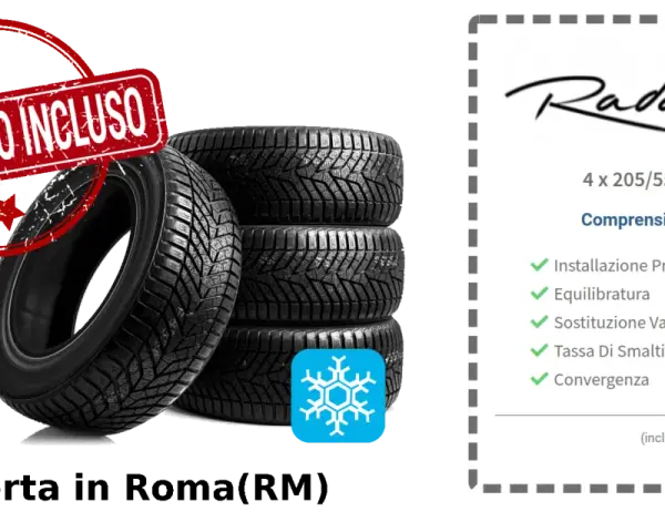 Offerta pneumatici invernali Radar con montaggio incluso. La freccia rotazione indica la possibilità di scegliere la direzione di montaggio. Prezzo 280€.