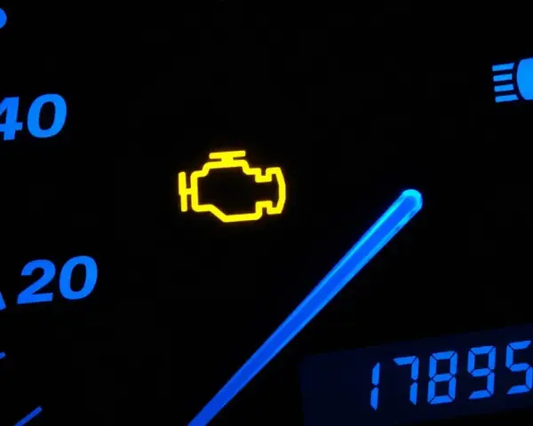 Cruscotto auto con spia motore accesa, indicatore di velocità e chilometraggio.