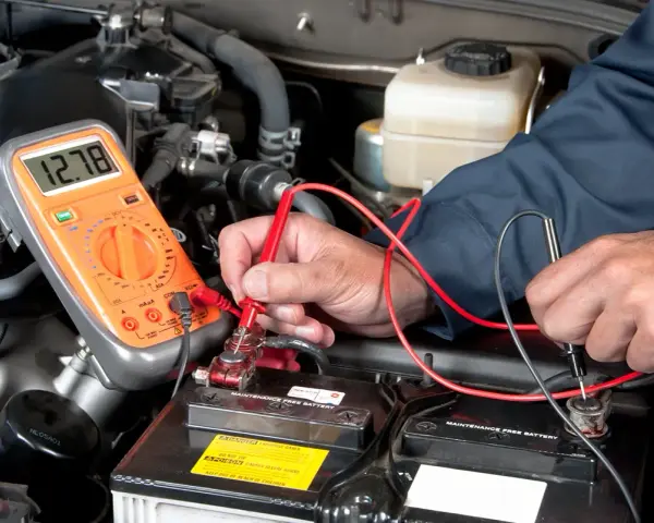 Controllo del voltaggio della batteria auto con multimetro. Il display segna 12.78V.